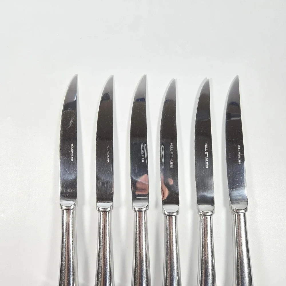 VTG 6 Hull Stainless Japan Monoblock one piece Steak Knives Pistol Grip Serrated